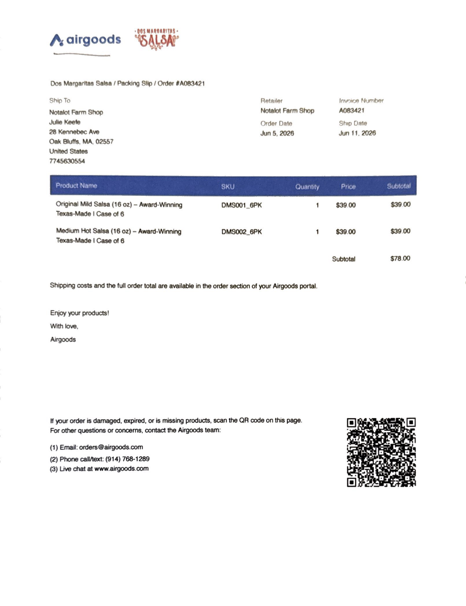 Airgoods order example