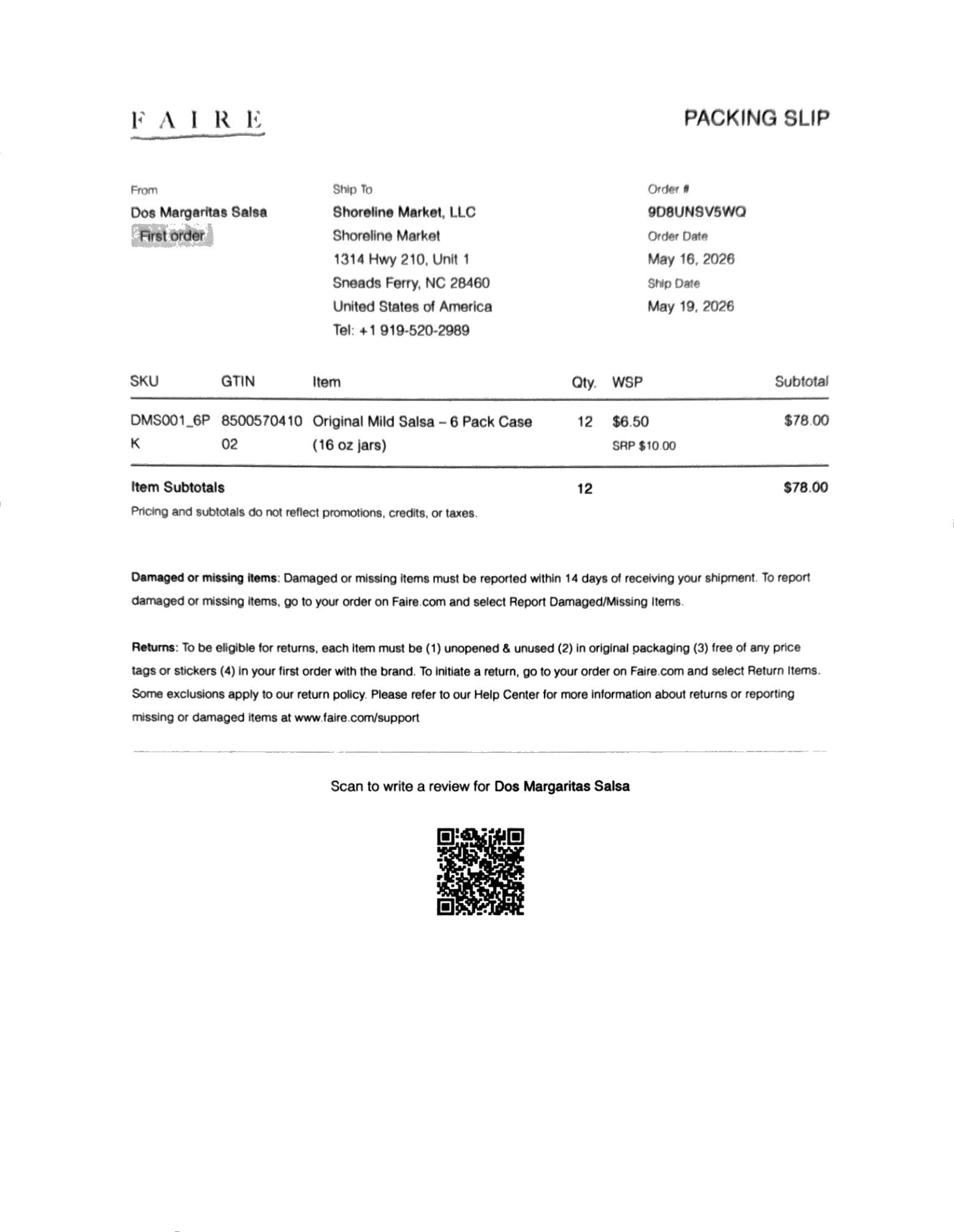 Faire order example
