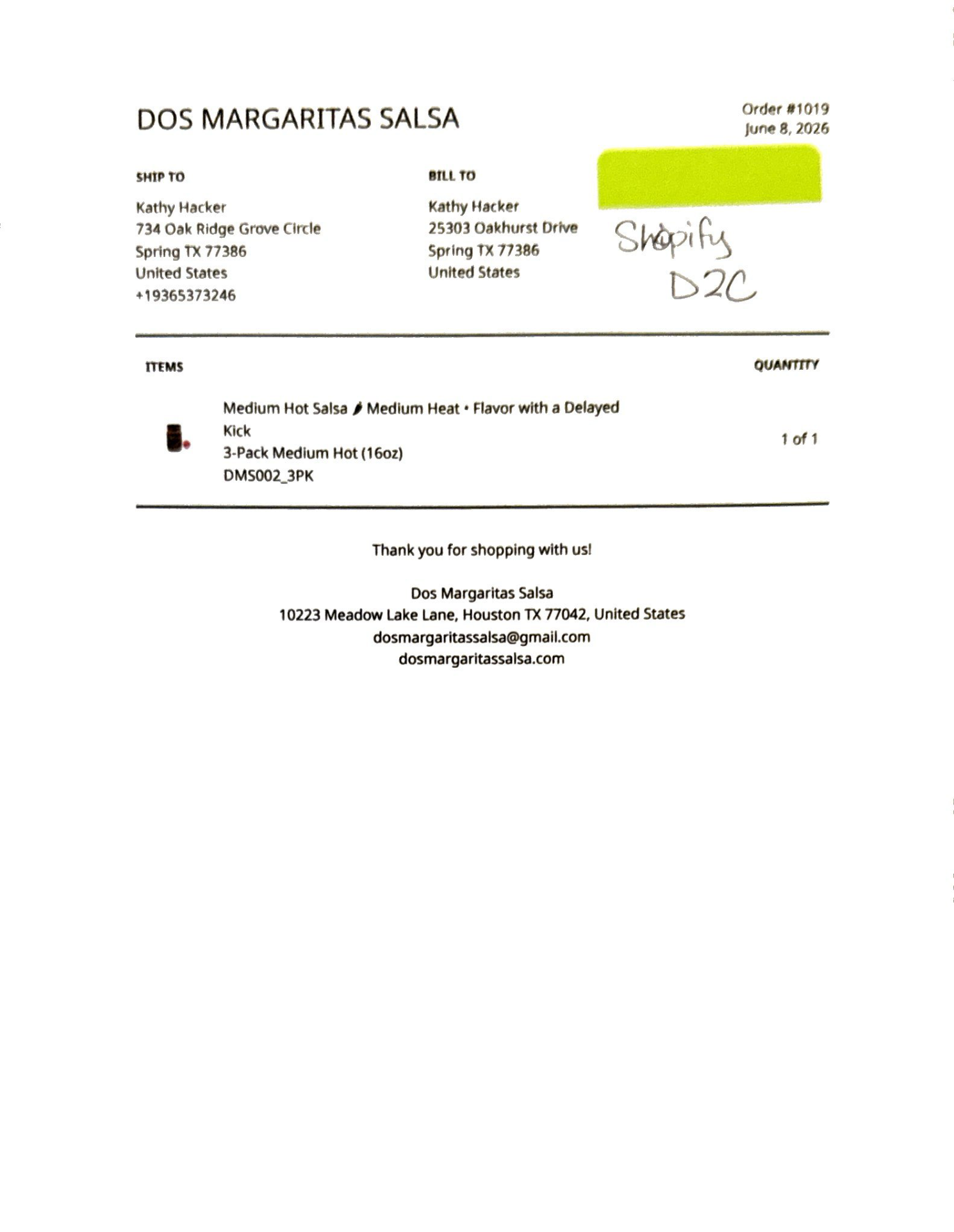Shopify order example