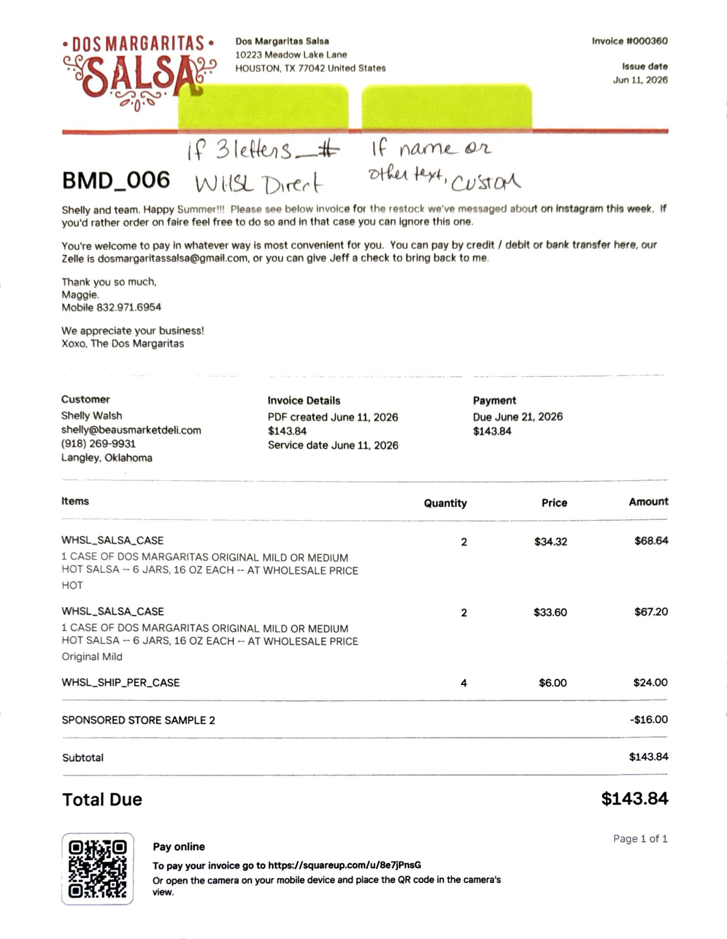 Wholesale order example