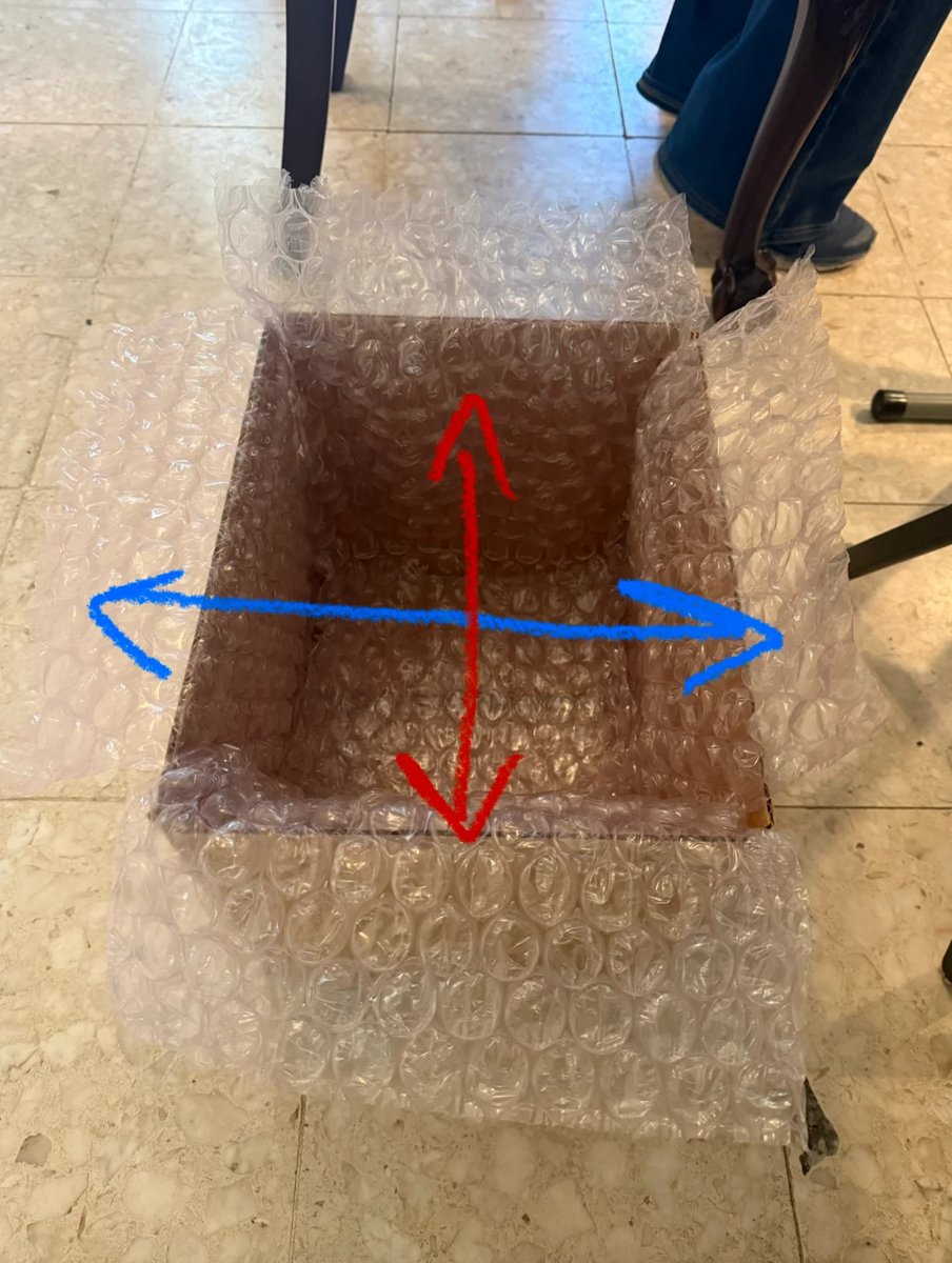 Box lined with two crossed layers of bubble wrap