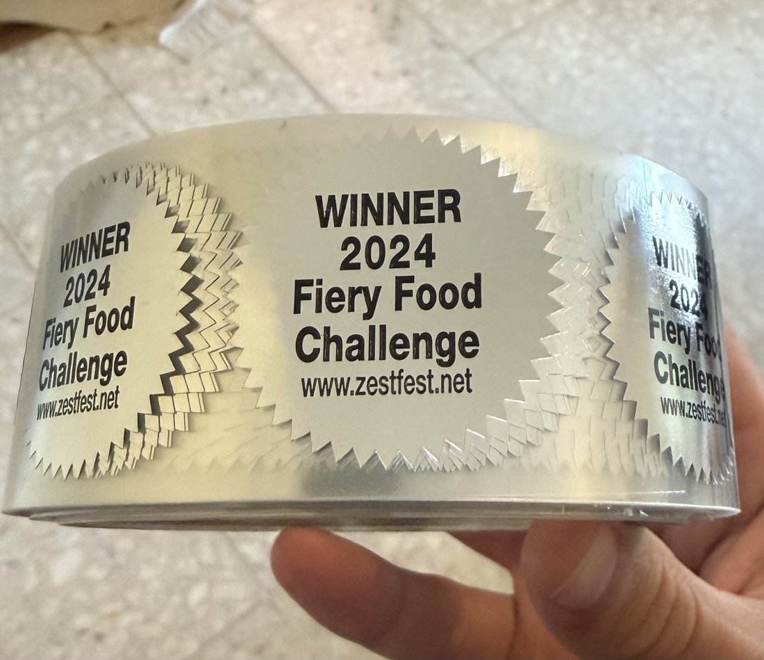Fiery Food Challenge silver Mylar sticker for Hot salsa